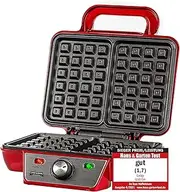 Gadgy Belgian Waffle Maker | 23 x 16.8 cm for 2 Waffles | 1000 Watt | Adjustable Temperature LED Display | Non-Stick | Red, Stainless Steel | Retro, Classic Style