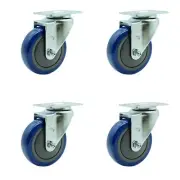 4 Inch SS Blue Polyurethane Wheel Swivel Top Plate Caster Set Service Caster