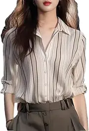[Generic] Fashion Long Sleeve Shirt for Women Striped Turn Down Collar Chiffon Shirt Spring Summer Thin Blouse