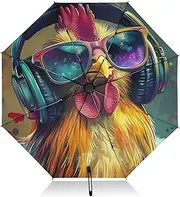 [PDZRMY] Rooster Funny UV Protection Travel Umbrella Compact for Rain and Sun - Auto Open and Close UPF 50+ Windproof Portable 46” Sun Umbrella for Women and Men