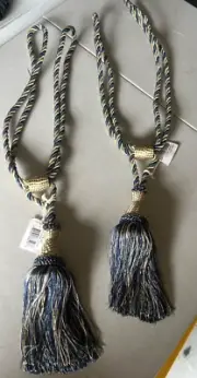 Set of 2 Blue, Gold & Silver Window Treatment Curtain Drapery Rope Cord Tie-back