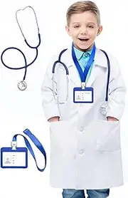 HTVYYDS White Lab Coat for Kids, Doctor Coat with Working Stethoscope&ID Card,Doctor Scientist Dress Up Costume for Boy Girls