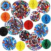 Outus 21 Pcs International World Flags Classroom Decorations Around The World Hanging Paper Fans Olympic Party Tissue Paper Pom Poms for Garland Ceilings School Office Party Supplies (World Flags)