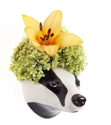 Badger Head Figurine Hang Vase Wall Mounted Ceramic Plant Flower Home Décor