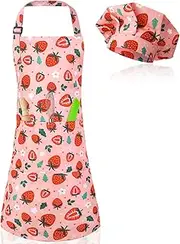 Kids Apron and Chef Hat Set, Cute Strawberry Apron Adjustable Kids Aprons with 2 Pockets Girls and Boys, Kids Cooking Aprons Artist Aprons Kitchen Toddler Aprons for Cooking, Baking, Painting, Pink