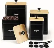 PERFNIQUE Kitchen Canisters, Canister Sets for Kitchen Counter, Farmhouse Kitchen Canisters for Countertop Set of 4, Coffee Tea Sugar Flour Spice Tin Jars Food Storage Container with Lid (Black)