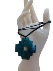 Unisex Chakana Inca Macramé Necklace Natural Serpentine Stone Spiritual Connecti