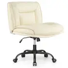 Cross Legged Chair with Wheels PU Leather Armless Desk Chair 360° Swivel Chair