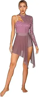 [Sxiwei] Women Lyrical Dance Costume Long Sleeve Lace Patchwork Figure Skating Dresses