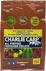 Charlie Carp Natural Pellet Fertiliser - Plant Fertiliser with 3 Months Slow Release Formula - Odourless All Purpose Garden Fertiliser and Plant Food for Indoor Plants and Gardens - 5kg