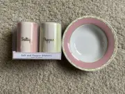 Pastel Salt & Pepper Shakers w/ matching trinket dish, pink/green/white