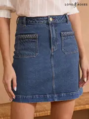 Love & Roses Mid Wash Blue Plait Patch Pocket Denim Mini Skirt (AV2504) | $81