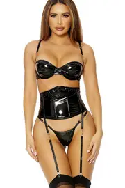 Forplay Link Up Three Piece Wet Look Bra Set