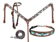 Showman Aztec & Longhorn Beaded Leather Headstall & Breast Collar Set