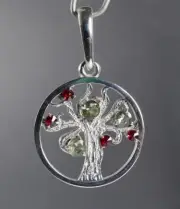 Faceted MOLDAVITE with Garnet Tree of Life Sterling Silver Pendant with COA