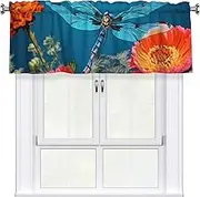 LHBWCVN Dragonfly and Flower Valances for Windows, Rod Pocket Window Treatment Drapes Farmhouse Kitchen Curtains Short Blackout Window Curtains for Living Room Bedroom Decor 54x18 Inch