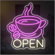 Sign Lamp Coffee Cup OPEN Neon Sign LED Light Dimmable For Bar Cafe Restaurant Kitchen Shop Party Birthday Wall Decor USB Powered Lamp 32.31cmx29cm