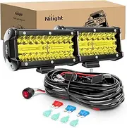Nilight Led Light Bar 2PCS 6.5 Inch Amber 120W Spot Flood Combo 12000LM Waterproof Triple Rows Fog Lights Led Off Road Lights with 16AWG Wiring Harness Kit-2 Lead