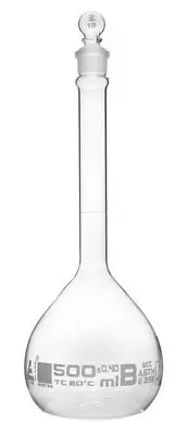 Eisco Labs 500ml Volumetric Flask with Glass Stopper, Class B - White Graduation