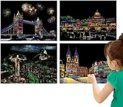 Scratch Paint for Adults, Scratch-Off for Adults | 4 Craft Carved t Night View Board | Scratch Paper for Thes, Scratch Paint for Adults for Adults, 4 schulpted artis