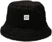[Generic] Unisex Winter Bucket Hat Smile Face Bucket Caps Cute Smiley Embroidered Faux Fur Fluffy Winter Warm Travel Hat