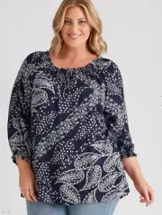 Autograph Peasant Top Tunic Shirt Plus Size 24 NEW Navy White Viscose 3/4 Sleeve