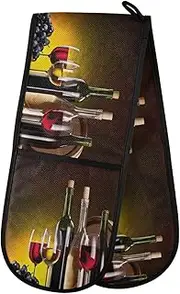 Long Double Oven Mitts, Wine Bottles Glasses Heat Resistant Quilted Kitchen Oven Gloves with Loop Washable for Microwave Cooking Baking Grilling Barbecue, 7" x 35"
