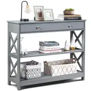 Giantex 3-Tier Wood Console Table X-Design Entry Display Desk Hallway Table w/Drawer Grey