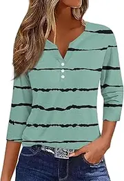 [Valtorixia] 3/4 Length Sleeve Women Henley V Neck Tops Casual Length Button Down Shirt Floral Print Blouses Plus Size Trendy Comfy Tees (color-b-37,Medium)