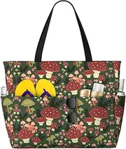 [POCUK] Bright Mushrooms Art Large Capacity Beach Tote Bag For Women Oversized Tote Bag For Weekend Travel, Black, One Size
