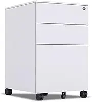 File Cabinet Movable Drawer Cabinet Under Desk, Three Drawers Side Pull Metal File Cabinet with Lock, White/Black Iron Chest of Drawers for Home Office Office Drawer(White,39x50x60cm)
