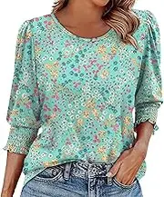 Thin Tee Shirt Women 3/4 Long Sleeved Women's Top Dress Casual Pleated Skirt Shirt Round Neck T S 2XL Womens Short Sleeve Loose Casual Tee