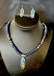 Opal Feather Blue Lapis Pendant Sterling Silver Necklace & Earring Set 15031