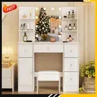 Dressing Desk & Stool and 10 LED Lighted Mirror Vanity Makeup Table Set White