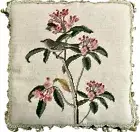 Wool Needlepoint & Petit Point Throw Pillow Grey Bird Pink Flowers Cushion 18x18