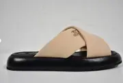 Chanel Beige Black Fabric Criss Cross Puffy CC Logo Slide Mule Sandal Flat 42