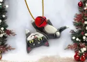 Christmas ornament Tuxedo black Cat red bell OOAK sculpture art by artist