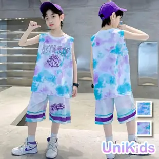 【UniKids】中大童裝2件套速乾籃球服渲染無袖背心運動五分褲 男大童裝 VP2423135(藍 紫)