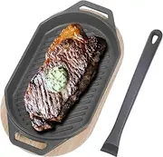 Cast Iron Sizzling Plate with Wooden Base for Pizza Oven and BBQ Accessories, Grizzler Pans for BBQ Camping, Outdoor/Indoor Grill,12 Inch Oval Pizza Pan with Removable Handle Griddle Pan for Stove Top