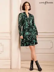 Love & Roses Green Smudge PU Trim V Neck Pleated Mini Dress (B00447) | $71