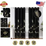 Luxurious Black Drapes with Gold Leaf & Wheat Pattern, 52W x 96L, Set of 2