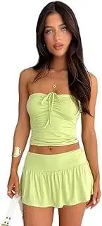 [Generic] 2 Piece Skirt Sets for Women Sexy off Shoulder Drawstring Crop Top Pleated Skort Mini Skirt matching Set