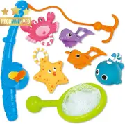8pc Bath Fishing Toy Set with Floating Squirts, Scoop, Net & Organizer for Kids