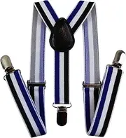 [Zasel] Boys Adjustable Black, White & Blue Striped Patterned Suspenders Black, White, Blue