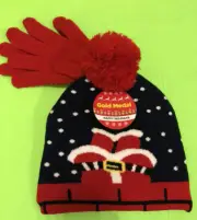 SUPER CUTE!! GOLD MEDAL SANTA HAT BEANIE GLOVE SET OSFM NWT!!