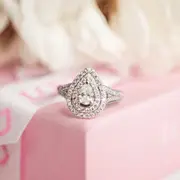 Love by Michelle Beville Double Halo Solitaire Pear Ring with 1.00ct of Diamonds in 18kt White Gold
