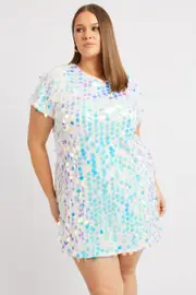 White Sequin Mini T-Shirt Dress