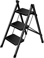 [TOMVAES] 3 Steps Ladder, Non-Slip Wide Treads Step Stool, Foldable Portable Ladder Stool, Indoor Multifunctional Safety Ladder for Home Office Space Saving,Black