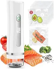 [FIII] Vacuum Sealer with 30 Reusable Bags for Food, Powerful Handheld Vacuum Sealer Machine with Visible Water Tank, One Touch Kitchen Storage and Preservation, white & sliver