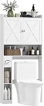HOMCOM Over The Toilet Storage Cabinet, Farmhouse Above Toilet Bathroom Organizer with Barn Doors, Adjustable Shelf, Toilet Paper Holder, Freestanding Space Saver for Laundry, Distressed White